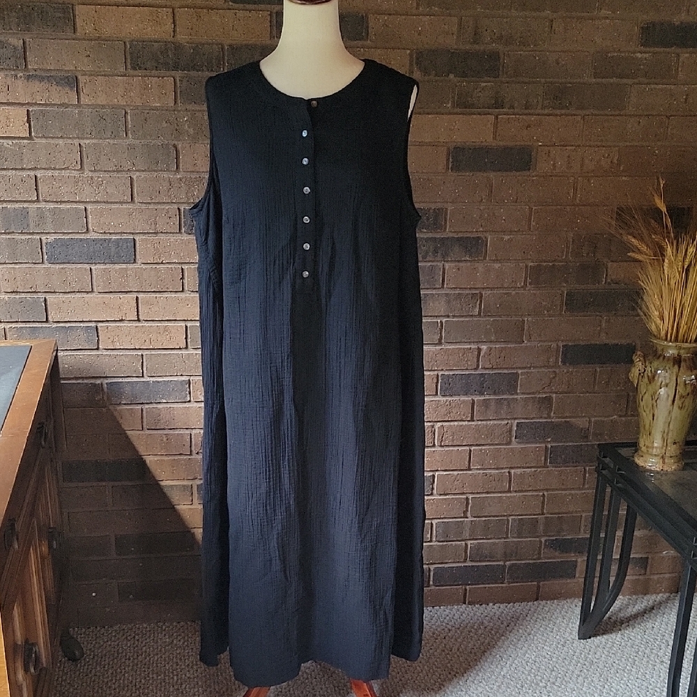 Purejill, J. Jill organic cotton sleeveless 1/4 button down, black dress, XLP